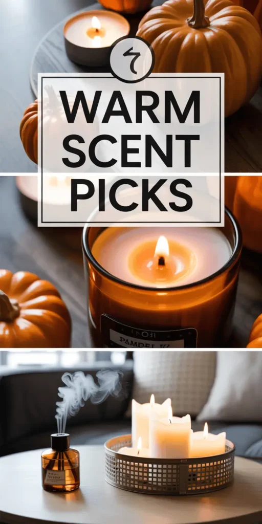 A cozy fall living room scene, bathed in warm, golden lighting from a fireplace and scented candles. In the foreground, a plush velvet armchair sits beside a side table adorned with a stack of books, a vase of autumn foliage, and several lit, aromatic candles in earthy, autumnal hues. The middle ground features a plush area rug, and a decorative throw blanket draped over the arm of the chair. In the background, a large window overlooks a landscape of fall foliage, casting a soft, natural glow throughout the space. The overall atmosphere is one of comfort, coziness, and a subtle, soothing fragrance.
