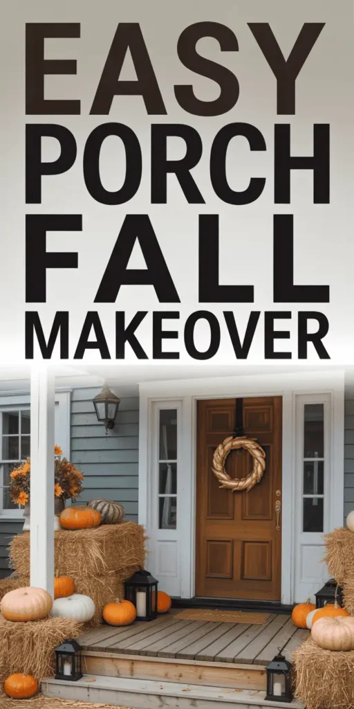 A cozy, rustic front porch adorned with autumnal DIY decor. In the foreground, a wooden bench is flanked by oversized pumpkins and a seasonal wreath made of dried leaves and twigs. In the middle ground, potted mums and cascading vines add pops of orange and burgundy. Backlit by the warm glow of string lights, the scene is framed by a weathered wooden railing and a canopy of golden, swaying branches. The overall atmosphere is one of inviting harvest celebration, capturing the essence of a cozy fall front porch transformation.