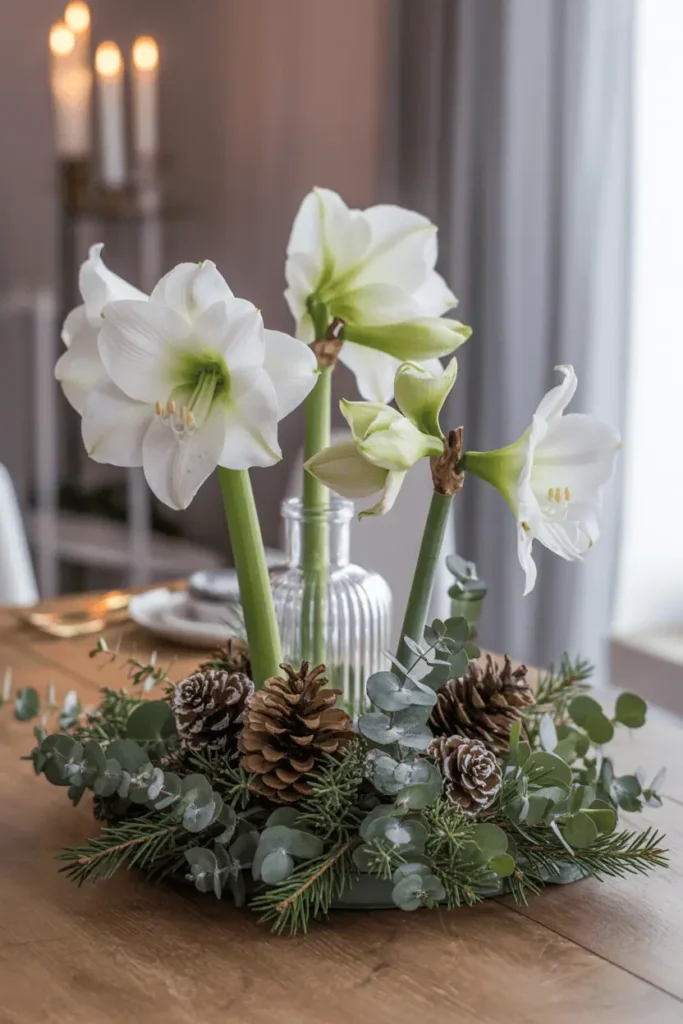 Festive floral arrangement set against a warm, cozy winter backdrop. In the foreground, a lush bouquet of red poinsettias, white lilies, and evergreen sprigs, artfully arranged in a classic vase. The middle ground features a scattering of pinecones, dried berries, and fragrant cinnamon sticks, creating a rustic, seasonal tableau. In the background, a softly blurred winter landscape with rolling hills dusted in fresh snow, bathed in the gentle glow of twinkling fairy lights. Warm, diffused lighting casts a romantic, inviting atmosphere. Captured with a shallow depth of field, drawing the viewer's eye to the exquisite floral centerpiece.