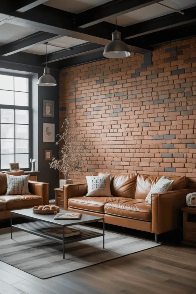 A dimly lit industrial-style urban loft with exposed brick walls and large windows letting in soft natural light. A stylish living room arrangement with a plush velvet sofa, a mid-century modern coffee table, and a mix of vintage and contemporary decor elements. Warm-toned lighting casts a cozy glow, highlighting the raw, textured surfaces. The layout is open and airy, with high ceilings and an unfinished, loft-like aesthetic. Hints of greenery and metallic accents add visual interest, creating an inviting, lived-in atmosphere that blends industrial chic and urban sophistication. Exposed Brick Walls with Metal Beam Ceiling