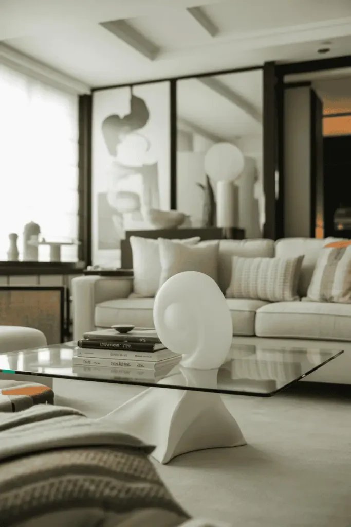 a spacious and airy contemporary living room in a modern home, filled with natural light streaming through large windows overlooking a lush outdoor landscape. the room features a minimalist, clean-lined design with a neutral color palette of whites, grays, and warm wood tones. a plush, sectional sofa in a muted gray fabric takes center stage, complemented by a low, rectangular coffee table and sleek, modern armchairs. the space is accented with carefully curated decor elements, such as sculptural floor lamps, abstract wall art, and potted plants, creating a serene and inviting atmosphere. the lighting is a combination of recessed ceiling fixtures and minimalist pendant lights, casting a warm, diffused glow throughout the room. the overall impression is one of understated elegance and refined sophistication. Contemporary Living Room Designs for Modern Homes