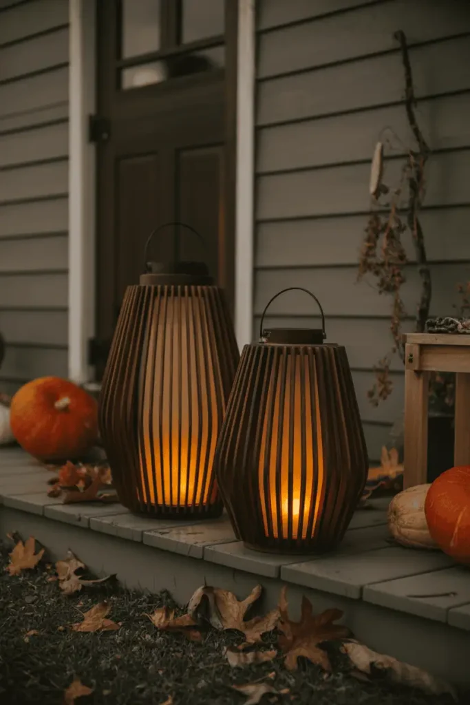 Rustic wooden lanterns glowing with orange LED lights for Halloween porch decoration.