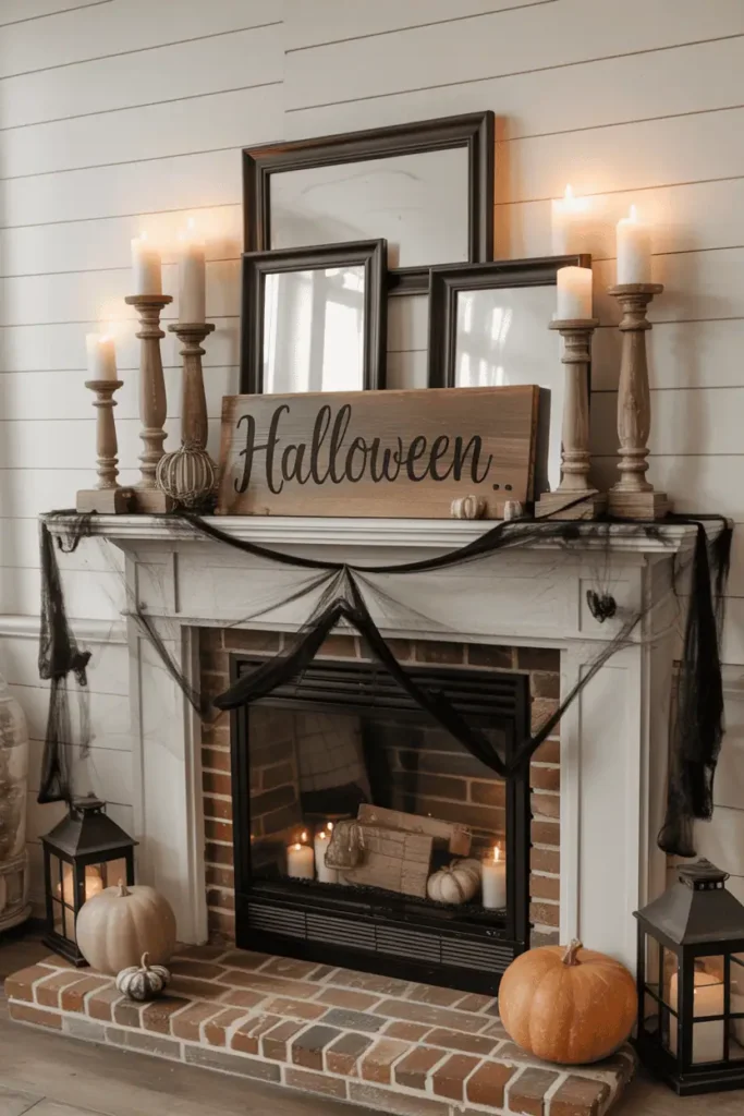 Farmhouse mantel decorated with wooden signs, pumpkins, and cobwebs for Halloween.