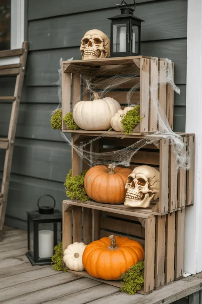 Distressed wooden crates stacked with pumpkins, moss, and lanterns for rustic Halloween porch decor.