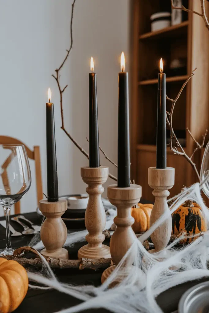 Rustic wooden candlesticks with black candles on a spooky Halloween dining table.