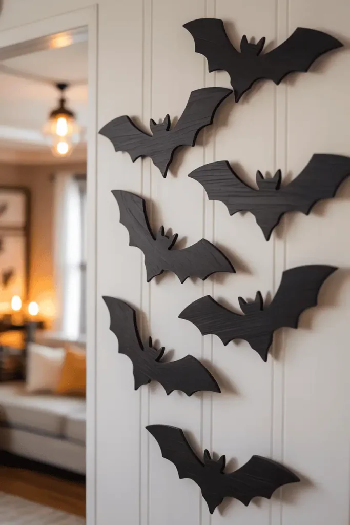 Wooden bat cutouts arranged on a white wall, farmhouse Halloween decor idea.
