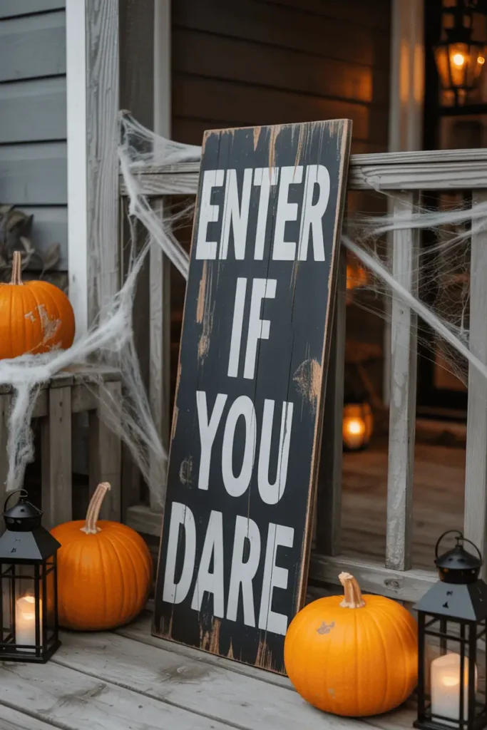 Haunted rustic wooden sign with “Enter If You Dare” surrounded by pumpkins and lanterns for Halloween decor.