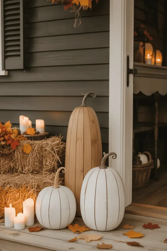 Rustic wooden pumpkins on a farmhouse porch decorated for Halloween with candles and fall leaves.