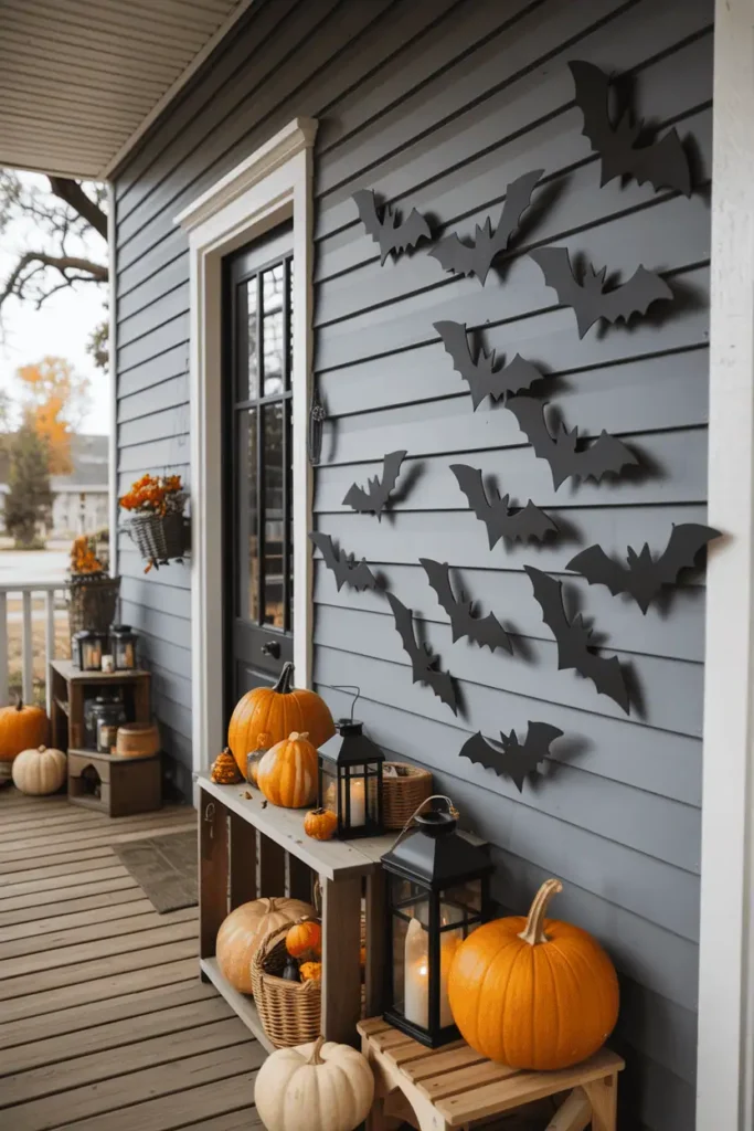 Farmhouse porch wall decorated with wooden bat cutouts flying across, styled with pumpkins and lanterns.