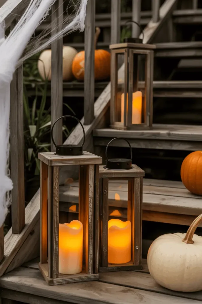 Rustic wooden lanterns glowing with orange candles on farmhouse porch steps decorated for Halloween.