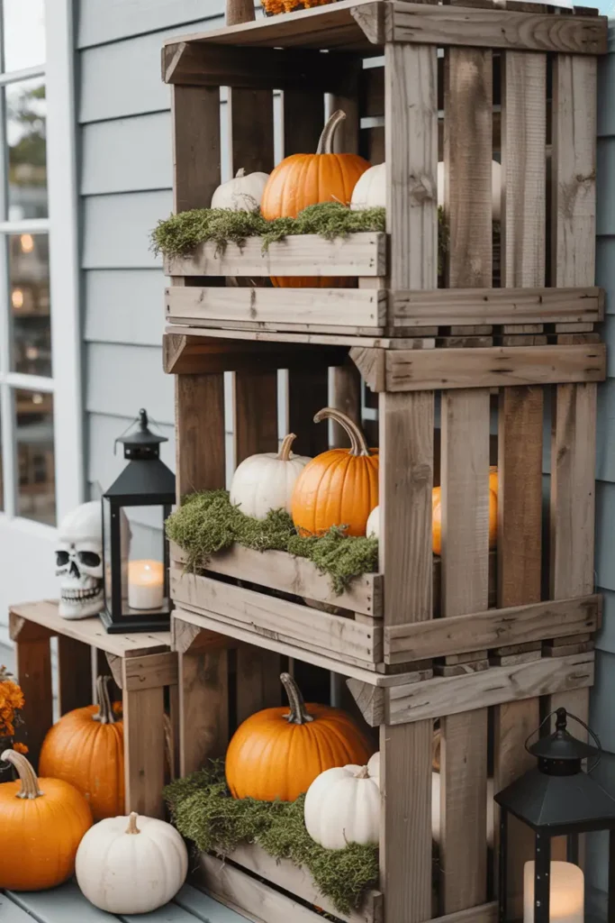 Stacked wooden crates filled with pumpkins, moss, lanterns, and faux skulls for farmhouse Halloween porch decor.