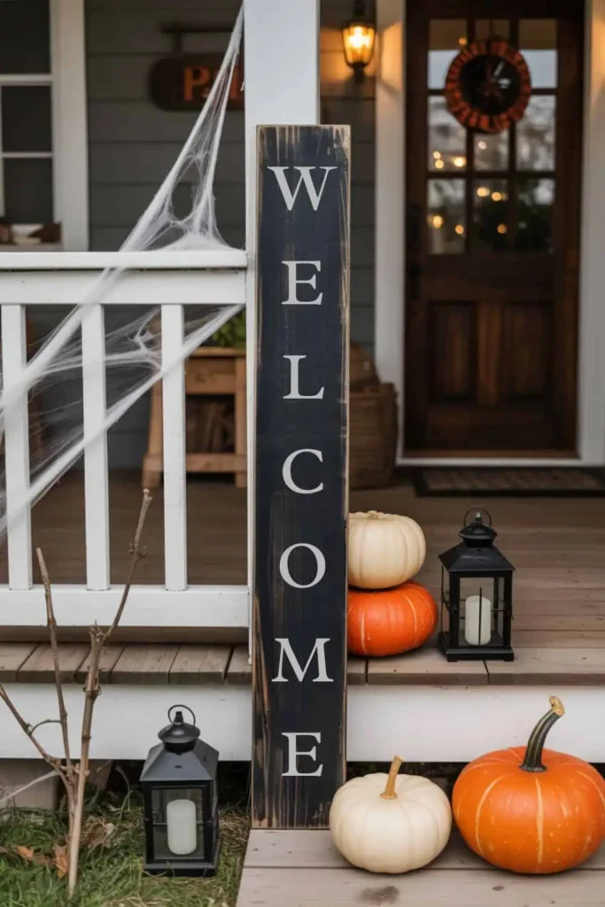 Distressed wooden Halloween porch sign reading “Witches Welcome” leaning against railing with pumpkins and lanterns.