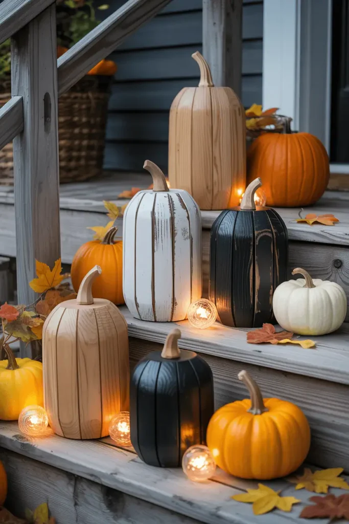 Rustic wooden pumpkins in natural, whitewashed, and black finishes on farmhouse porch steps with fairy lights and fall leaves.