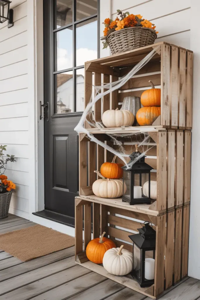 Distressed wooden crates filled with pumpkins, lanterns, and cobwebs on a Halloween farmhouse porch.