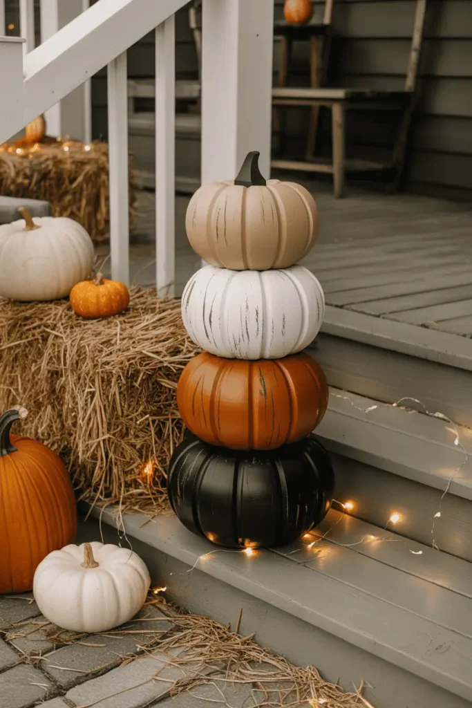 Stacked rustic wooden pumpkins in white, black, and orange on farmhouse porch steps with hay bales and fairy lights.