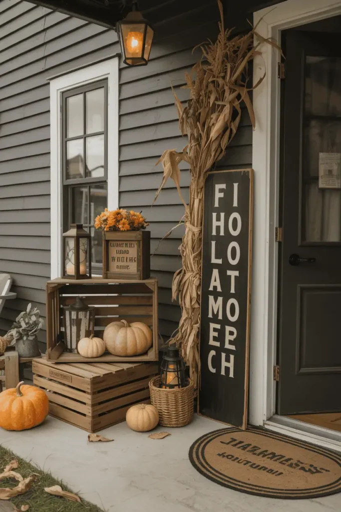 Farmhouse porch styled with stacked crates, pumpkins, lanterns, haunted sign, and bats for Halloween decor.