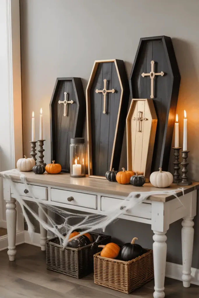 Mini black and gold wooden coffins used as Halloween table decor with candles, pumpkins, and cobwebs.