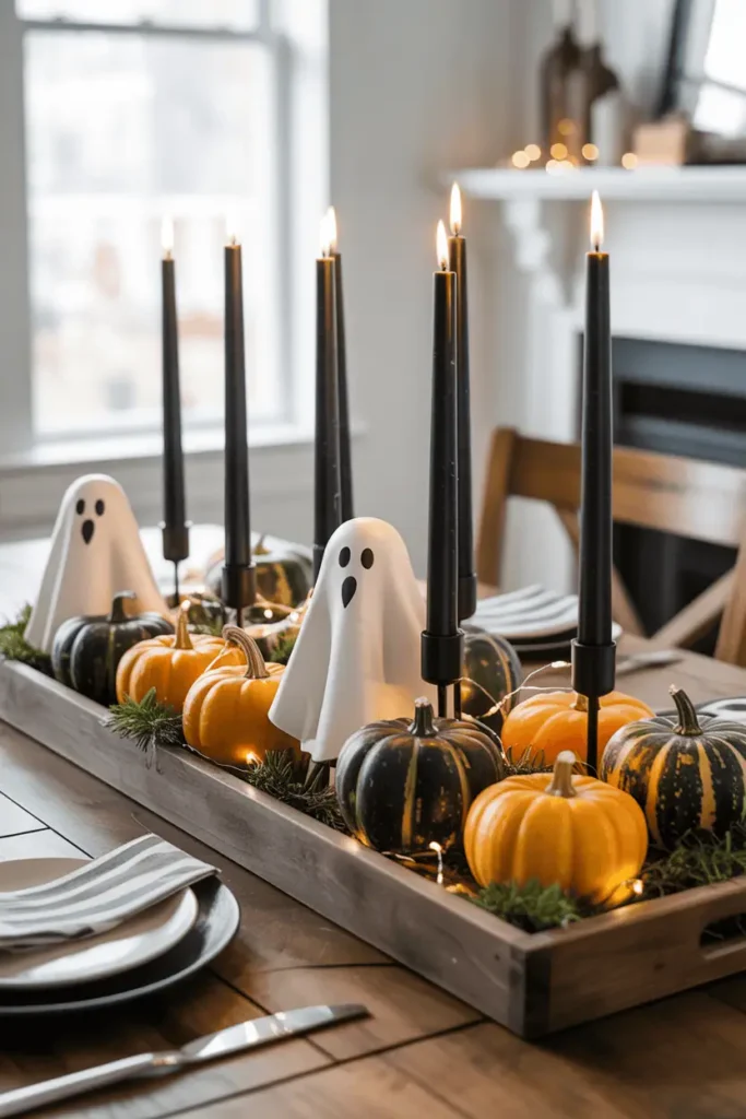 Rustic wooden tray centerpiece on farmhouse dining table with pumpkins, black candles, and ghost figurines for Halloween.