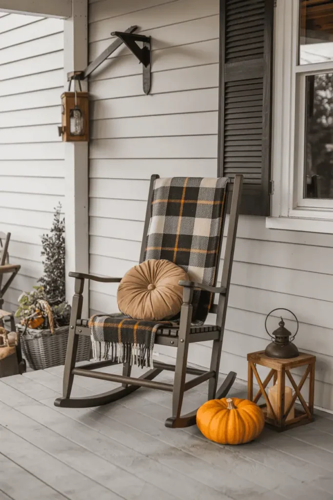 Farmhouse rocking chair with plaid throw blanket, pumpkin pillow, and rustic wooden lantern on Halloween porch.