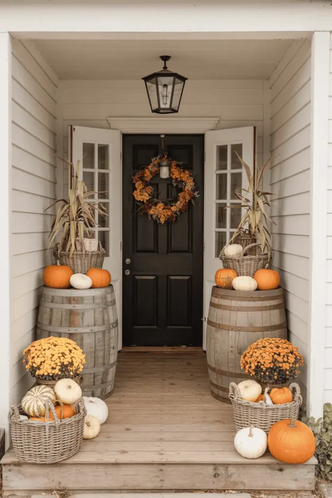 Farmhouse porch entry with wooden whiskey barrels and baskets filled with pumpkins, hay, and cornstalks for Halloween.