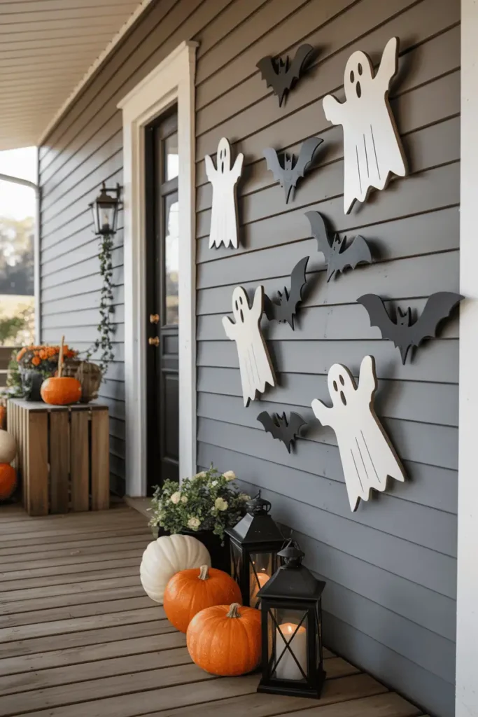 Wooden bat and ghost cutouts painted black and white, hanging on a farmhouse porch wall with pumpkins below.