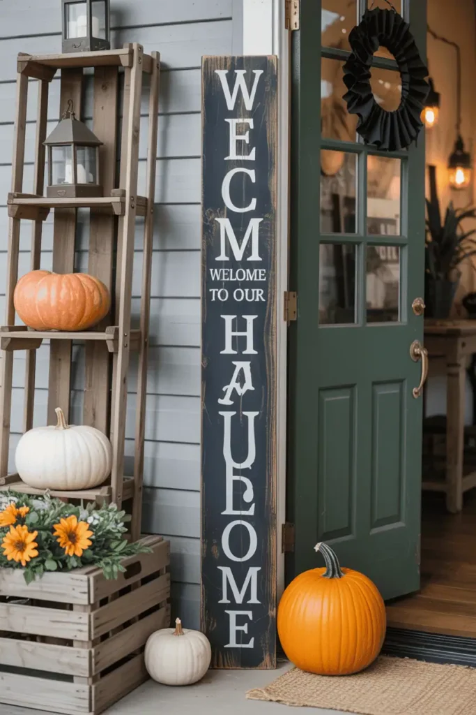 Tall distressed wooden sign reading βWelcome to Our Haunted Homeβ on a cozy Halloween porch with pumpkins.