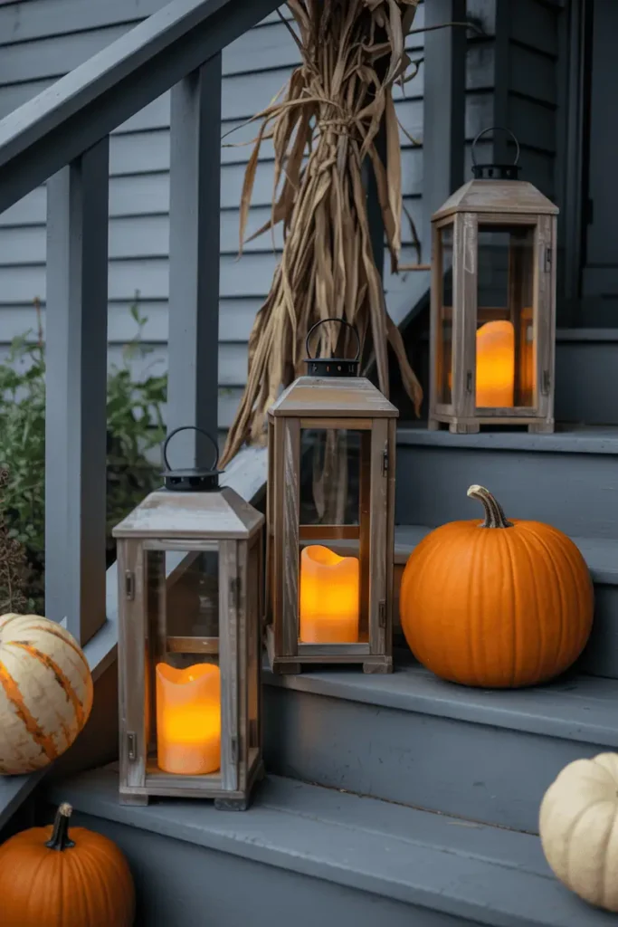 Rustic wooden lanterns glowing with orange candles and fairy lights on farmhouse porch steps with pumpkins.