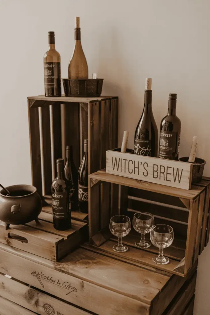 Rustic wooden trays and crates holding spooky wine bottles and cocktails at a Halloween drink station.
