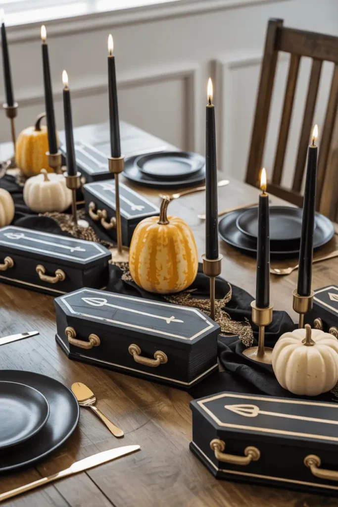 Mini wooden coffins painted black and gold styled as chic Halloween table decor.