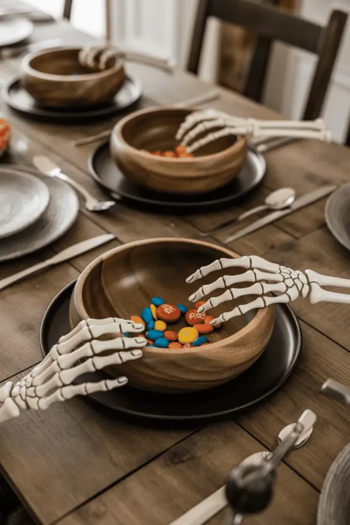 Skeleton hands reaching out of rustic wooden bowls filled with candy for a creepy Halloween table centerpiece.
