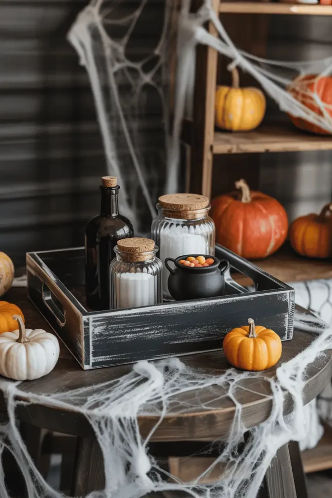 Distressed wooden serving tray styled with potion bottles, candy jars, and a cauldron for Halloween table decor.