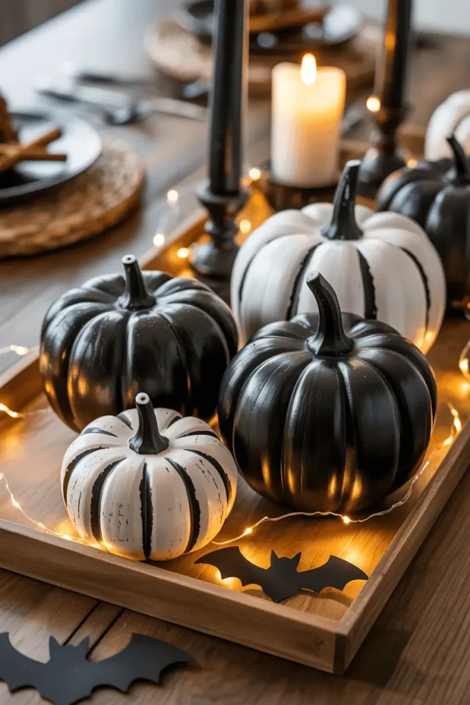 Wooden pumpkins painted black and white with fairy lights as a chic Halloween centerpiece.