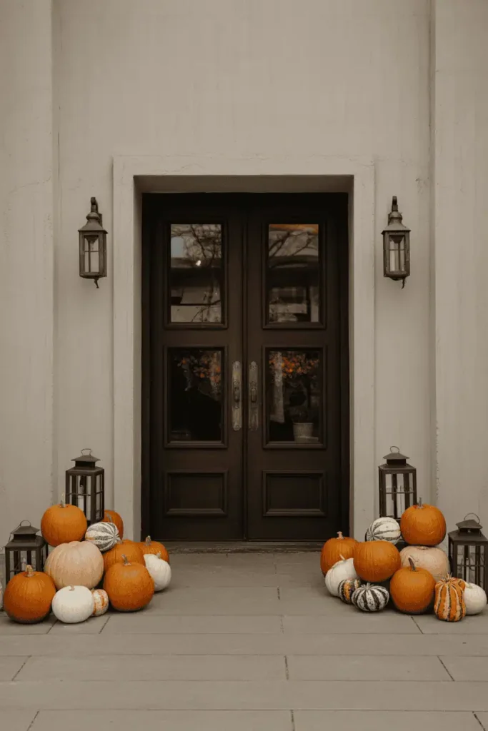 Symmetrical pumpkin porch display framing entryway.