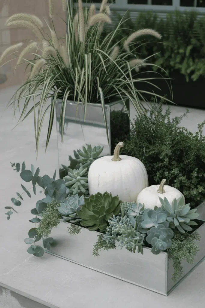 Pumpkins combined with seasonal greenery for chic porch decor.