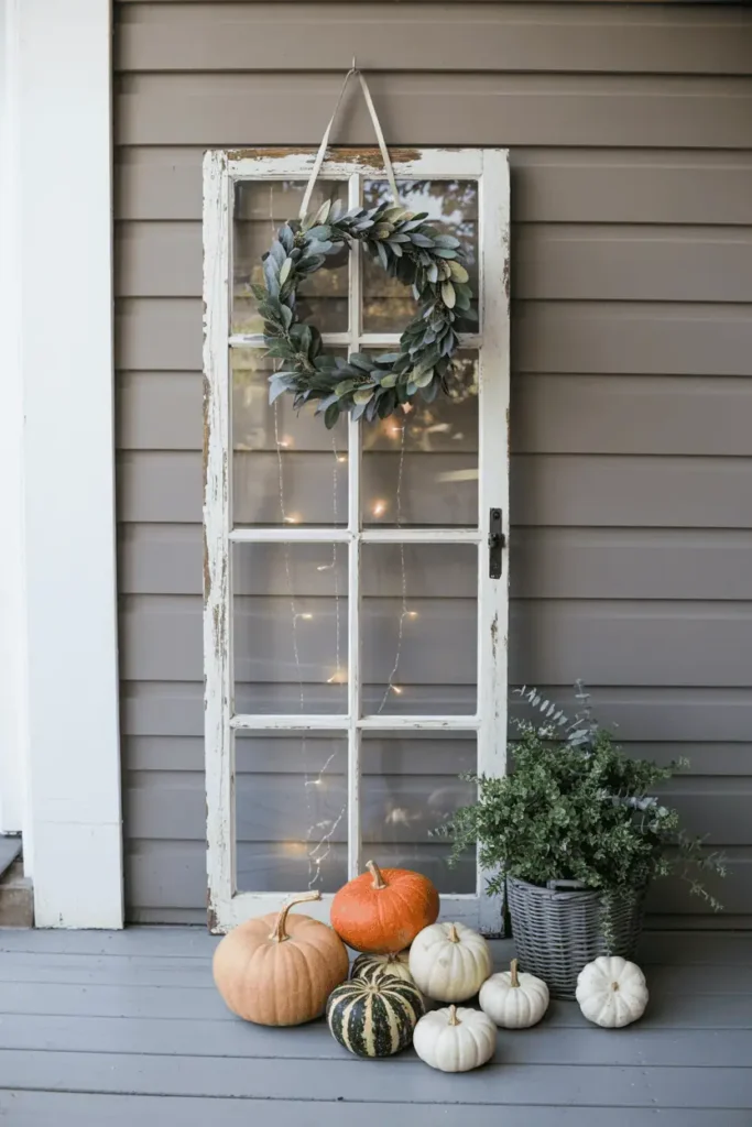 Pumpkin porch styled with repurposed architectural frame.