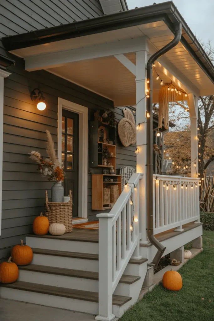 Pumpkin porch display enhanced with modern string lights.