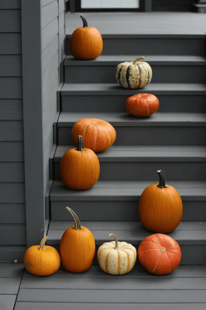 Geometric pumpkin groupings for design-forward porch display.