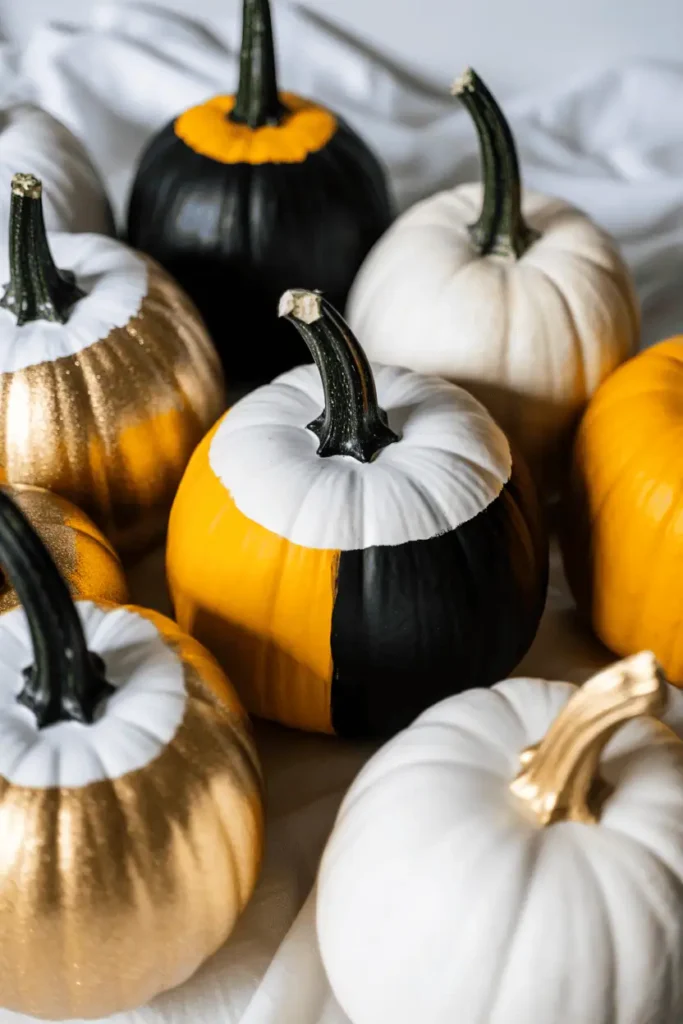 Contemporary painted pumpkins in bold color-block patterns.