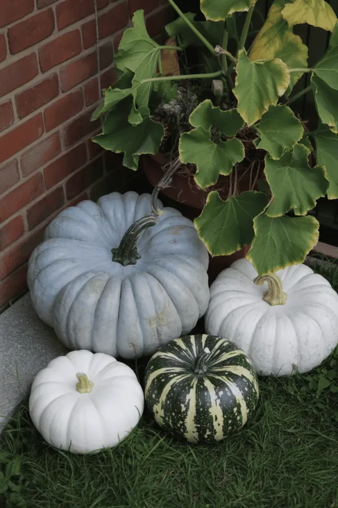 Designer pumpkins in muted tones styled for modern porch.