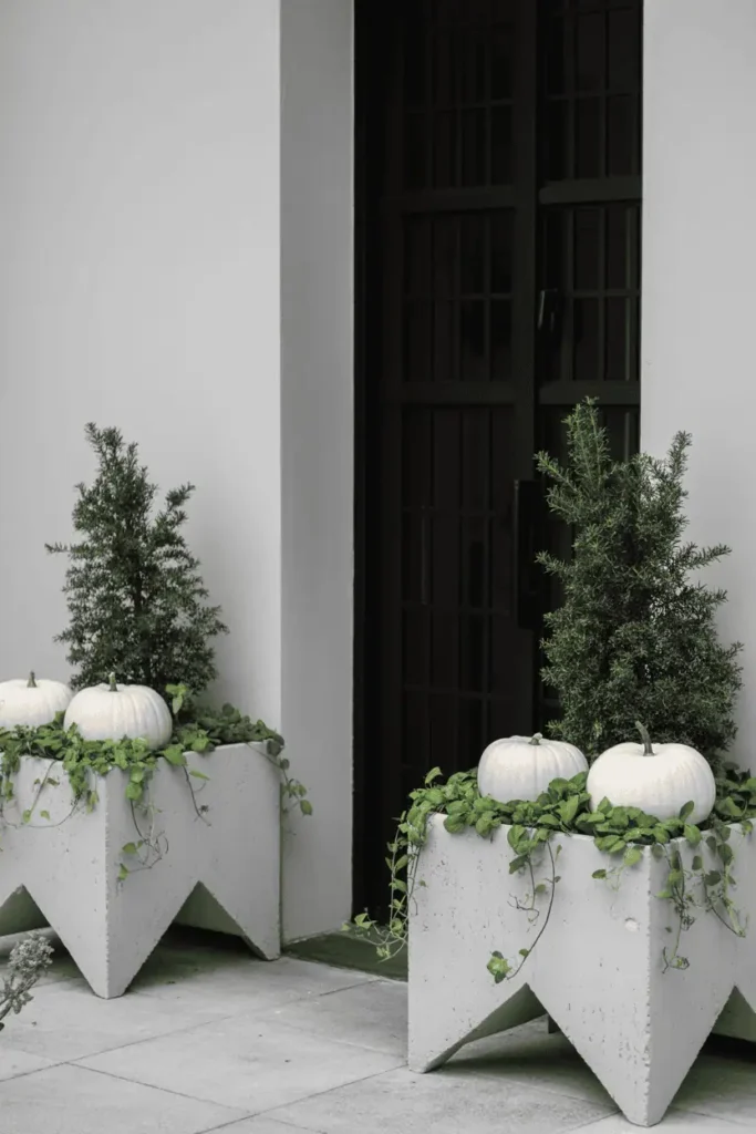 Architectural planters used for modern pumpkin porch display.