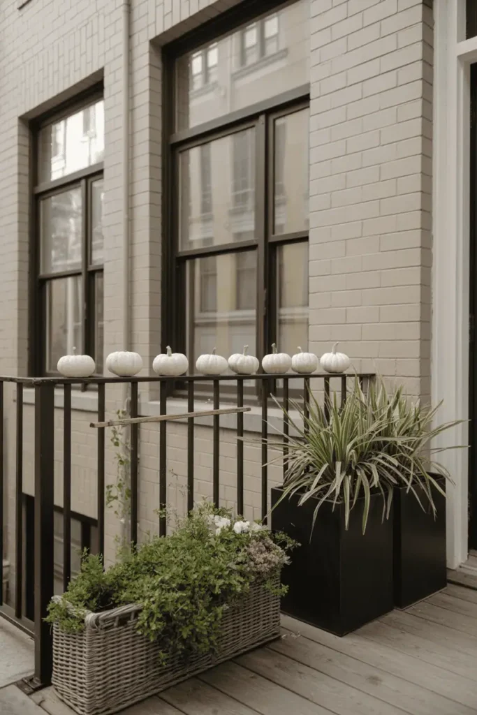 Minimalist pumpkin decor on small urban porch.