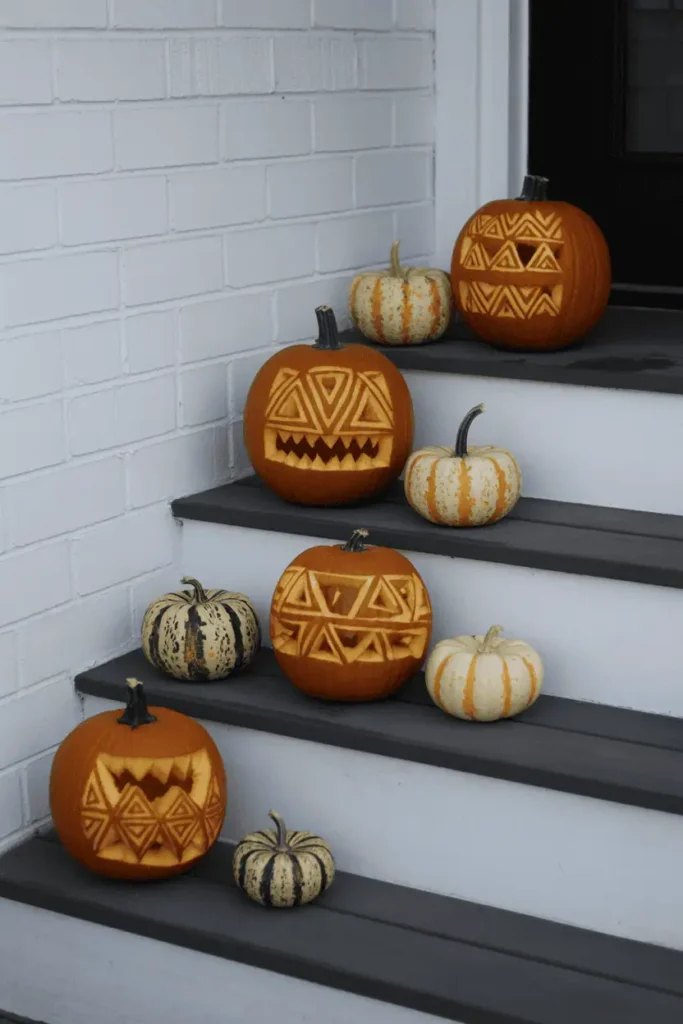 Geometric carved pumpkins styled for modern porch decor.
