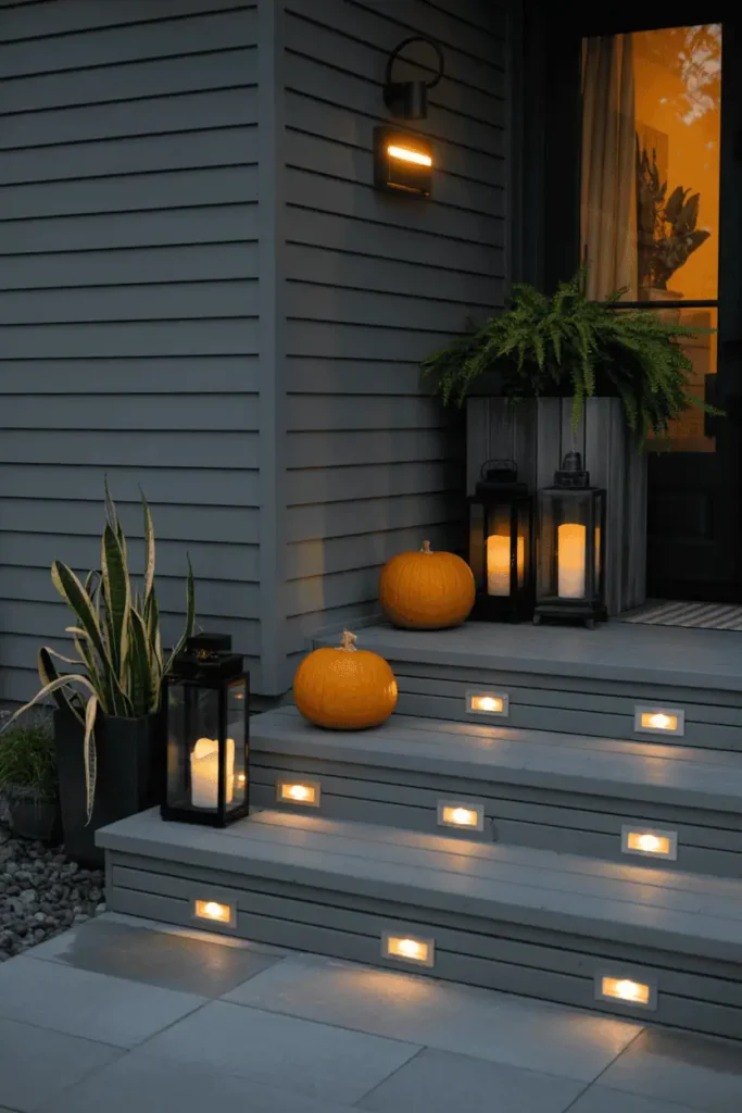 Pumpkins with integrated lighting on modern porch for day-to-night appeal.