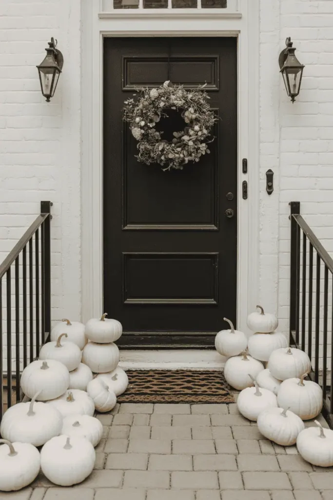 Monochrome white pumpkin porch display for minimalist home.