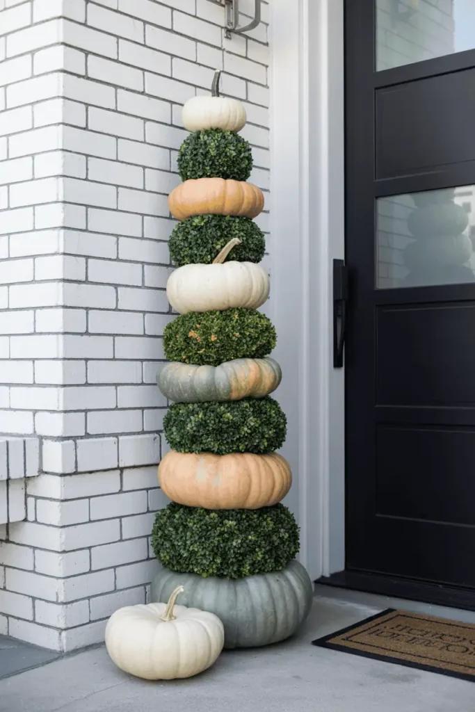Vertical stacked pumpkin display for modern porch entryway.