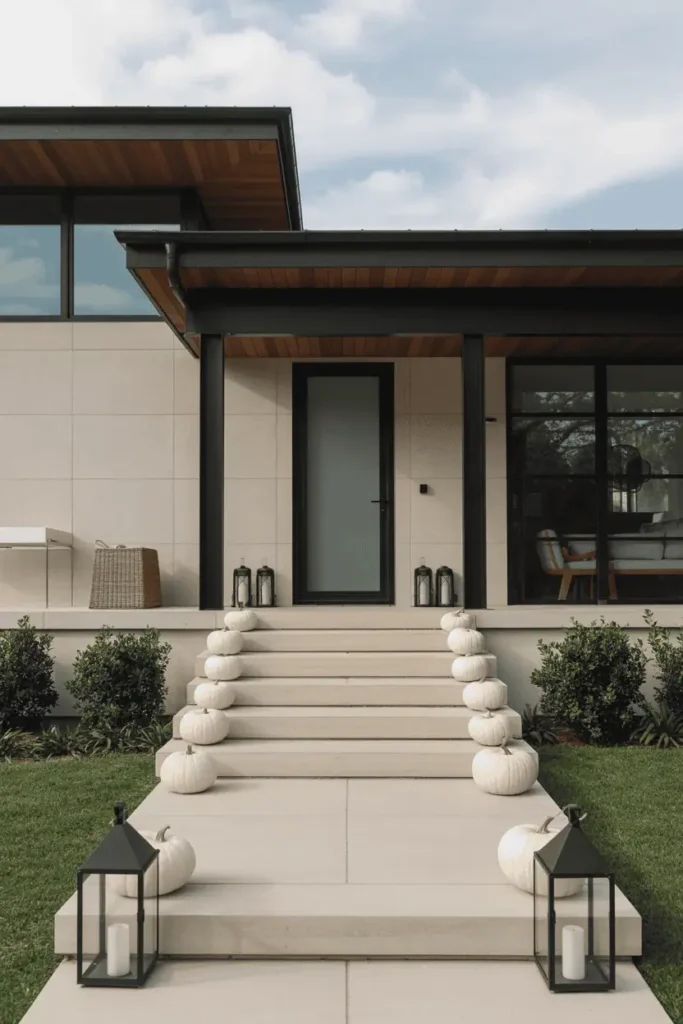 Modern porch with symmetrical pumpkin arrangement along clean-lined steps.