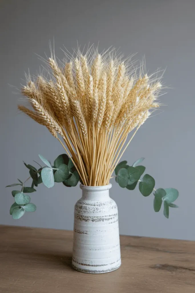 Farmhouse centerpiece with dried wheat and eucalyptus.