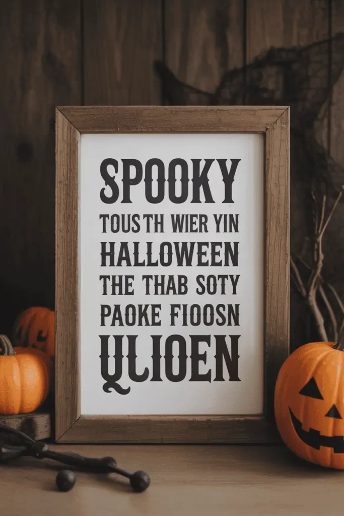Farmhouse wall decor with vintage Halloween quote frame.