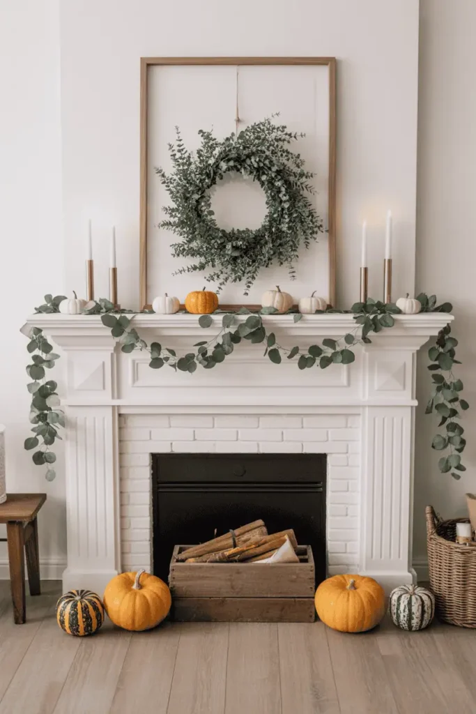 Rustic farmhouse mantel with layered garland and pumpkins.