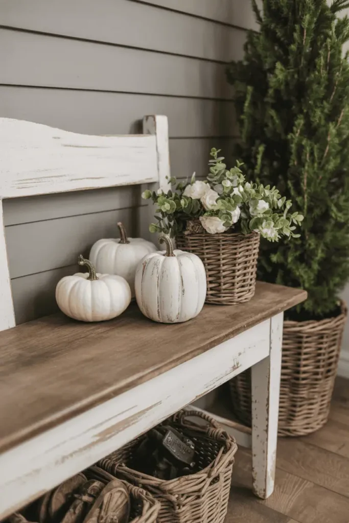 Rustic wooden pumpkins as farmhouse Halloween decor.